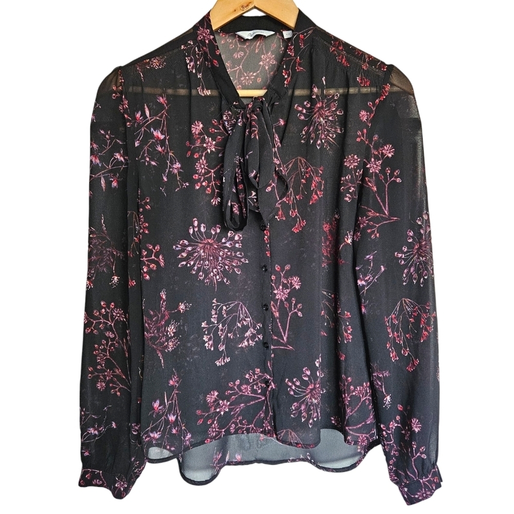 Reitmans Sheer Floral Tie Neck Button Front Blouse Small